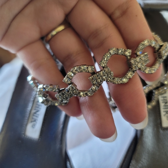 MANOLO BLAHNIK Grey Satin Crystal Embellished Pointed-Toe Heels - Picture 11 of 16